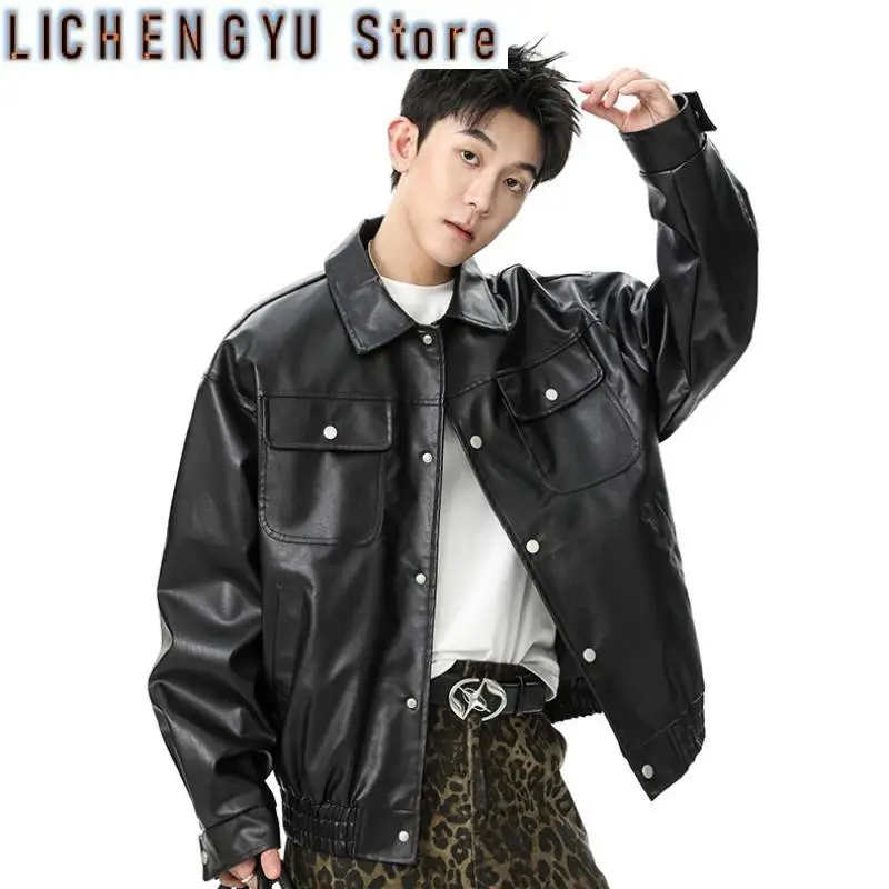 American High Street Cool Retro Autumn Turn-Down Collar PU Leather Men's Jackets 2025 Korea Fashion Solid Color Pocket Male Tops