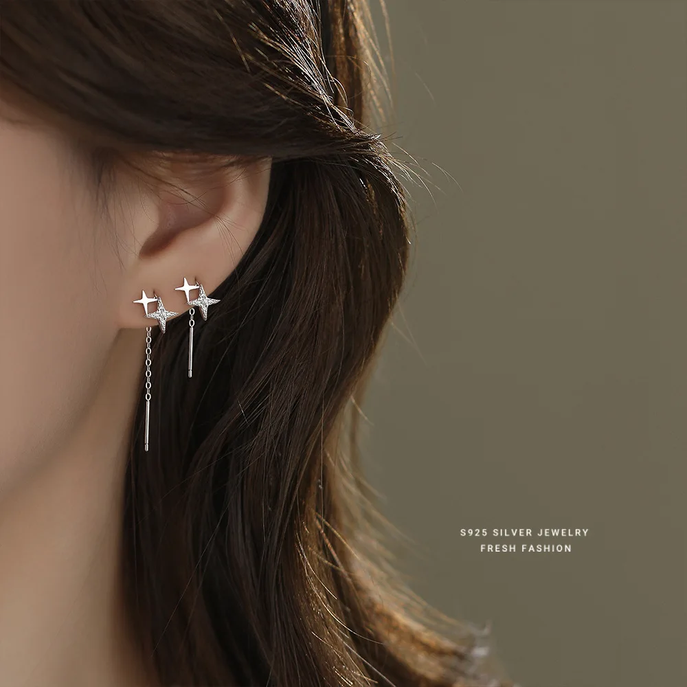 F.I.N.S Korean Style Fashion Four-Pointed Star Ear Studs For Women Luxury Piercing Ear Line Chain Fine Jewelry Prevent Allergy
