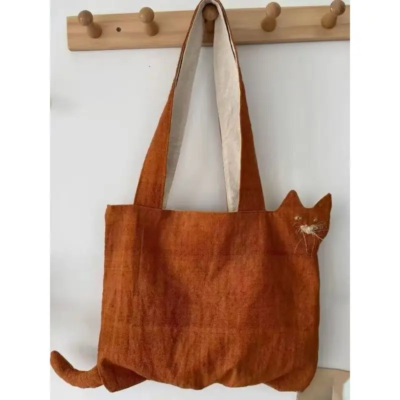 

100% Cotton Bag 2026 New Fashion Simple Cat Vintage High-Capacity Shoulder Bag Handbag Mori Girl