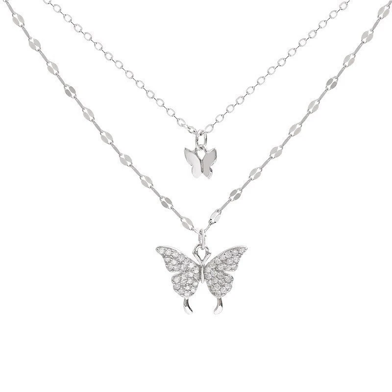 Double Layer Sparkling Diamond Butterfly Clasp Chain Necklace Jewelry Zirconia Pendant Female Accessories 1Pc