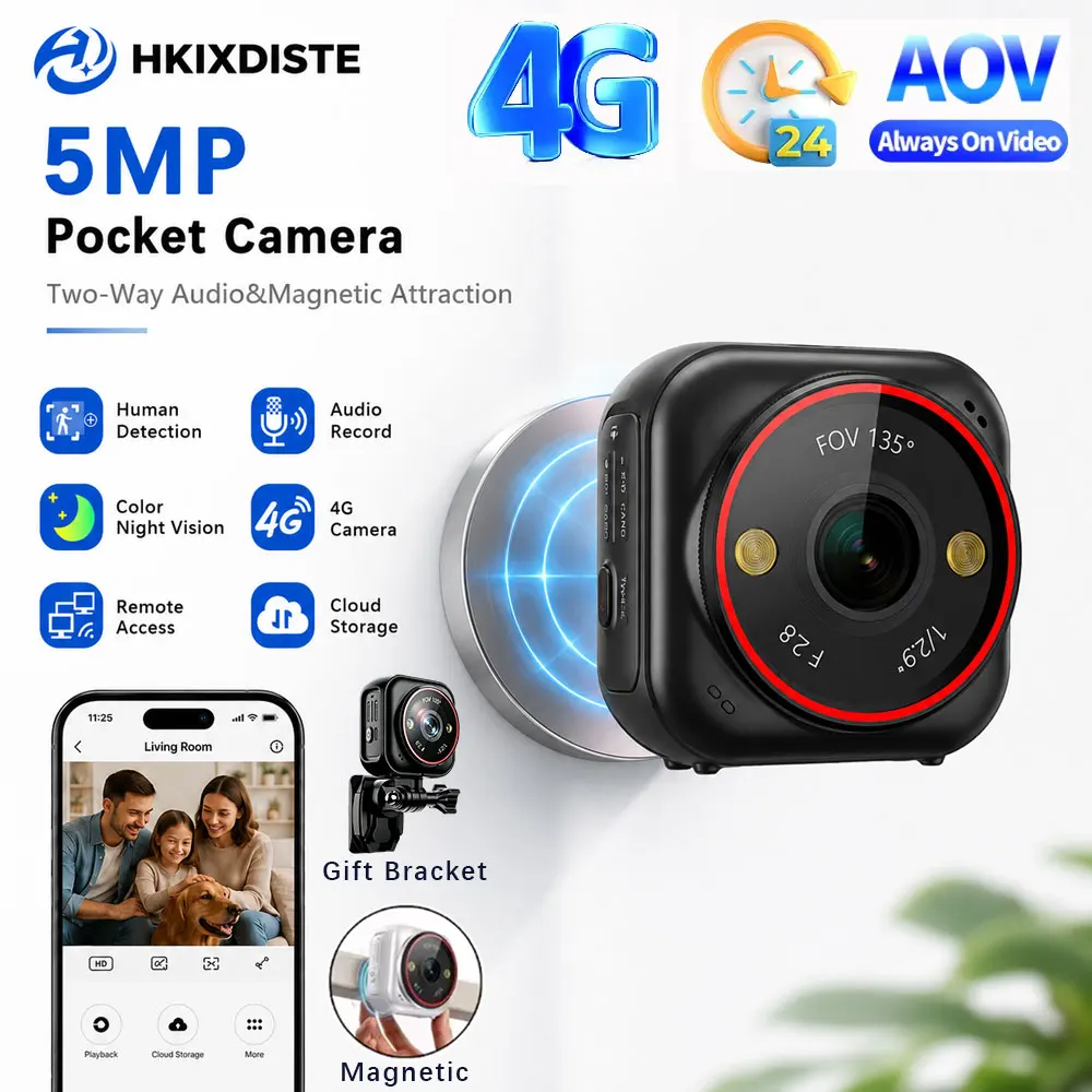 Telecamera di Sicurezza Magnetica Mini 5MP con Scheda SIM 4G, Portatile, Rilevamento Umano, Audio Bidirezionale, Monitoraggio Remoto, Registrazione Au