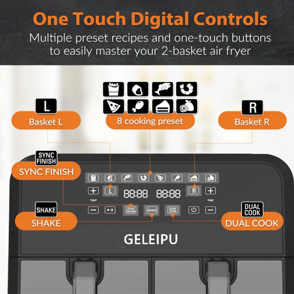 GELEIPU DL28 8 litrów beztłuszczowa frytownica, 8 ustawień gotowania, podwójny kosz nieprzywierający i bezpieczny do zmywarki, 5 minut automatyczne