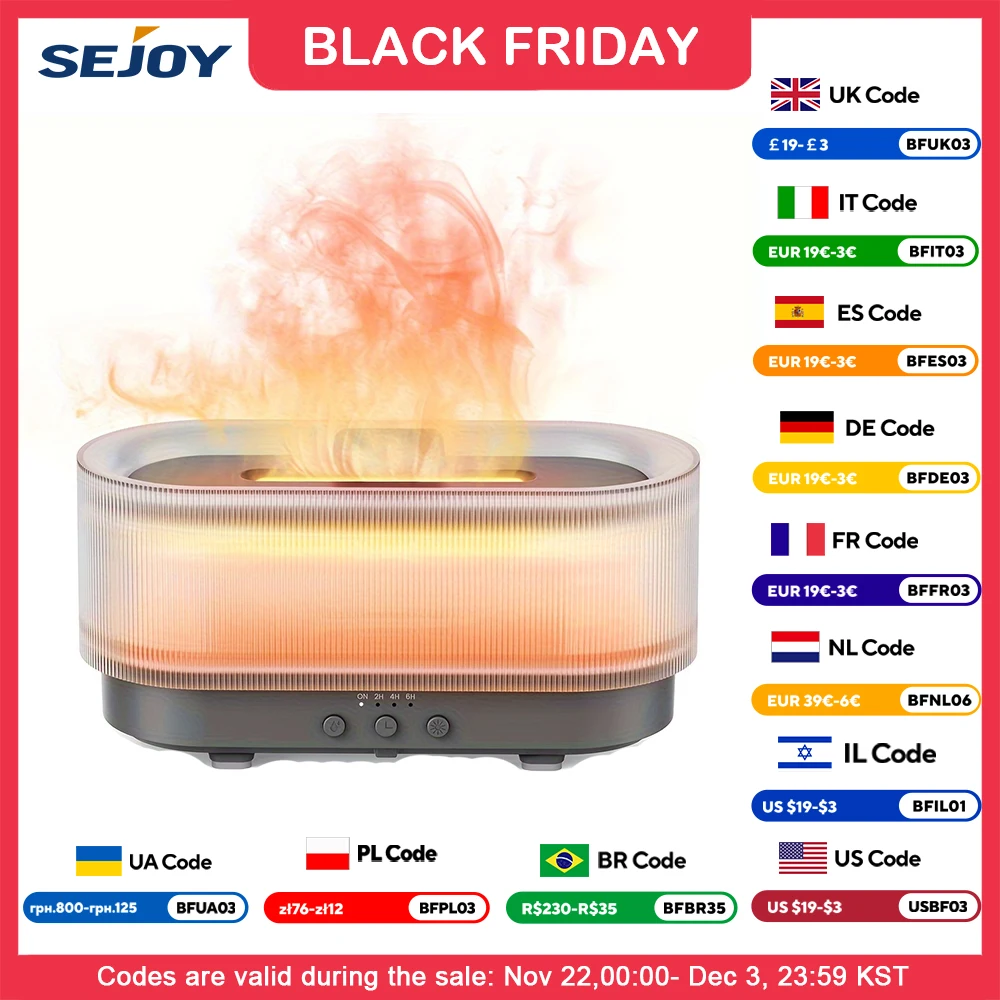 SEJOY Aroma Diffuser Air Humidifier Ultrasonic Cool Mist Maker Fogger Led Essential Oil Flame Lamp Home Appliance