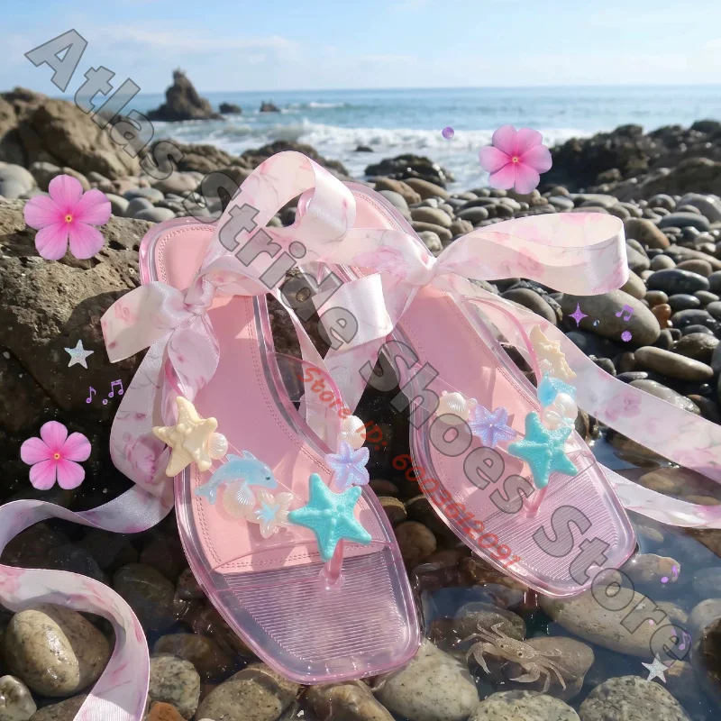 Women Pink Clear Jelly Thong Sandals Ocean Starfish Shell Dolphin Decor Floral Ribbon Ankle Wrap Beach Vacation Flip Flop Shoes