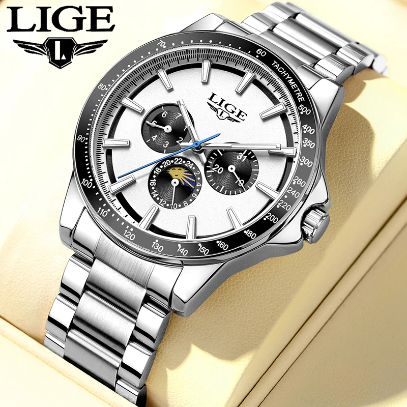 

LIGE brand luxury watches mens Luminous Calendar Moon phase Waterproof Business quartz Stainless mens wristwatch reloj hommes