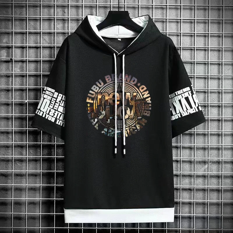 Men Short Sleeve Hooded Graphic T Shirts Summer Harajuku Top Korean Streetwear Tees Casual Men Clothing Hot Sell T New 2024