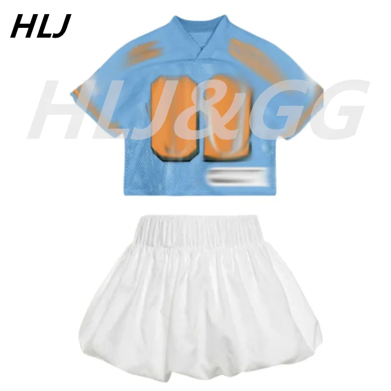 HLJ Blue Fashion Letter Print Tshirts Two Piece Sets Women V Neck Short Sleeve Loose Top And Mini Bubble Skirt Outfit Streetwear