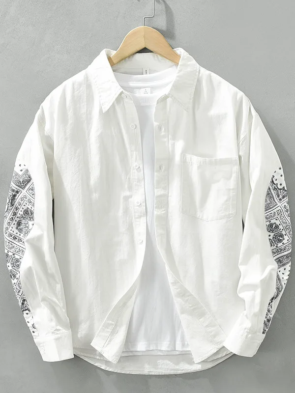 

Spring Printed Casual Long Sve Men's irt Versatile Pure Color Outerwear Faionable Nut Flower Patchwork Breathable Poly...