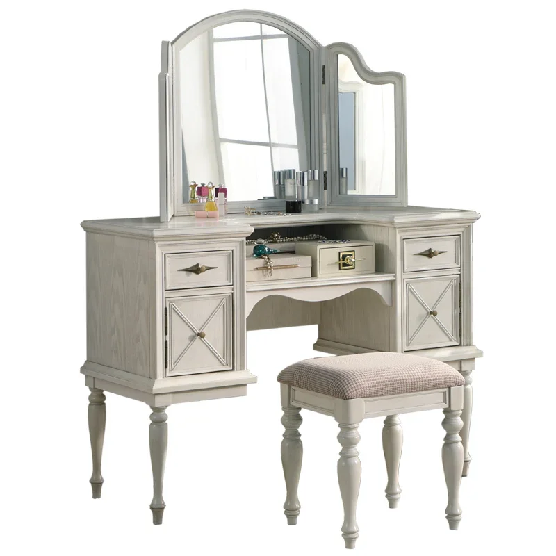 

American-Style Solid Wood Integrated Dressing Table Makeup Table Storage Cabinet Mirror Flip Light Luxury Combination