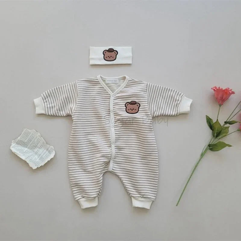 2023 Ins Baby Bodysuit Kids Sping Autumn Clothes Newborn Homewear Soft Stripped Cartoon Bear Bodysuits Lovely Boy Girl Jumpsuit