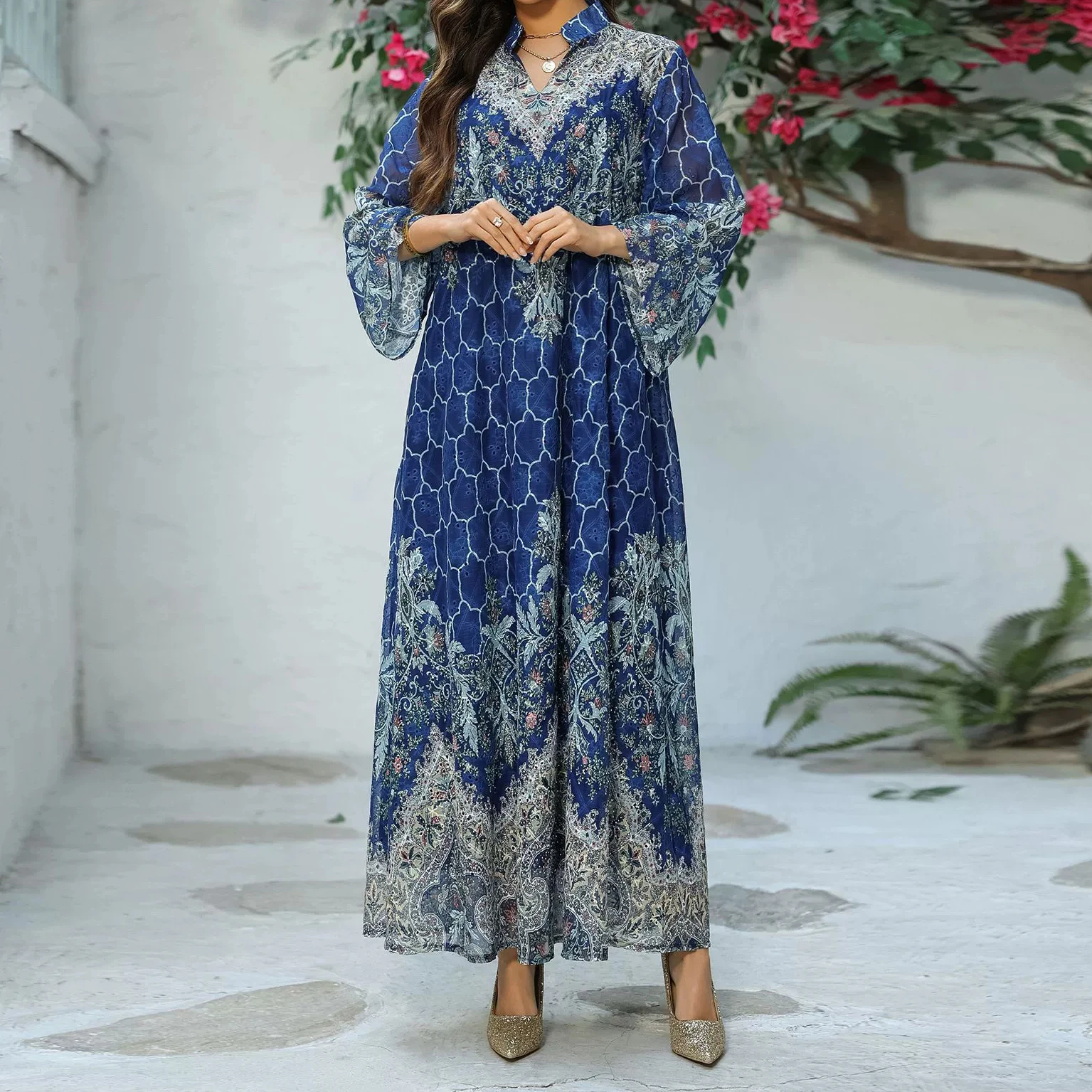 

2025 Summer Cross-border Middle Eastern Robe National Clothing Embroidered Printed Dress Robe-GZXX543