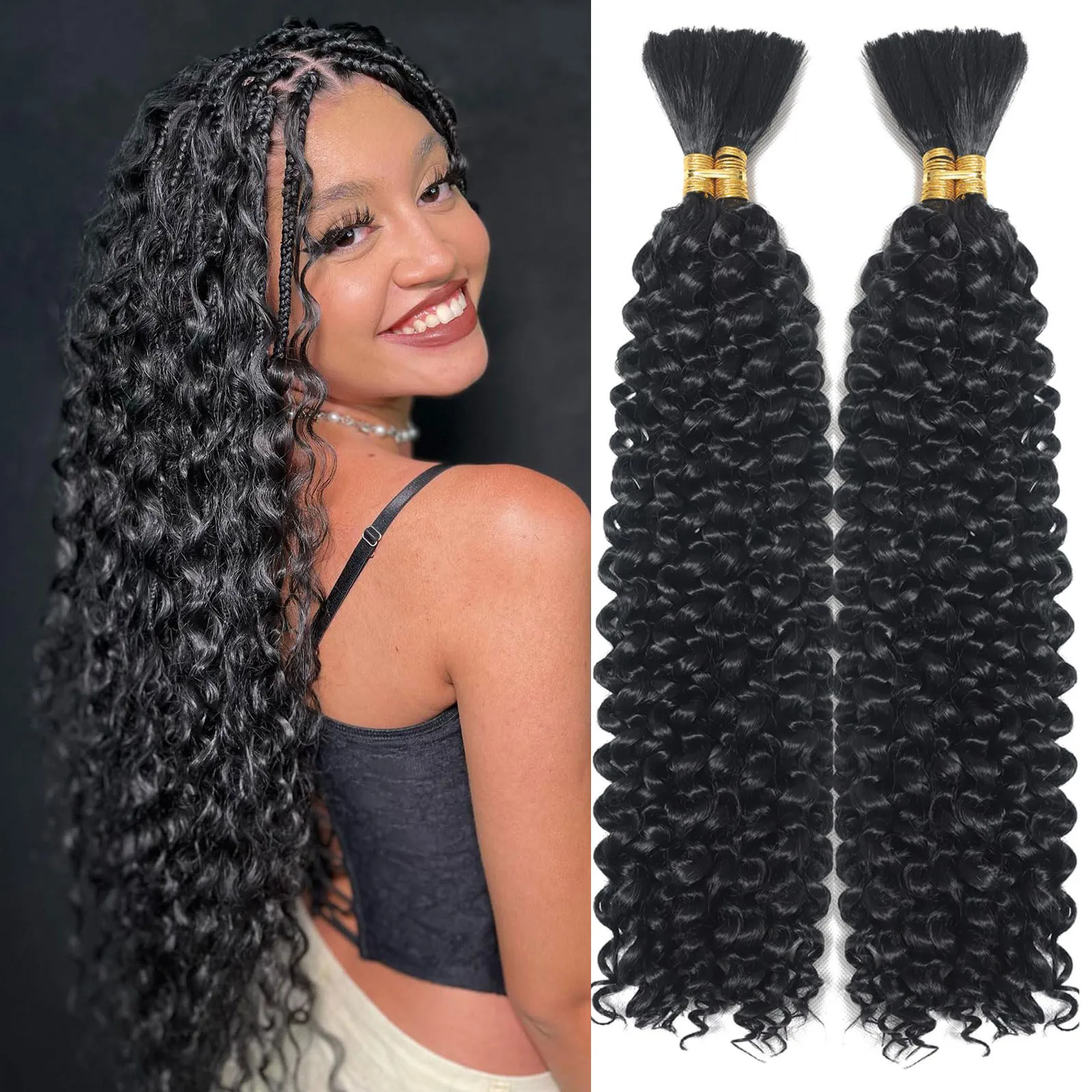 Trenzas Bohemias de cabello humano a granel, trenzas de onda de agua a granel de 18 pulgadas con caja sin nudos o onda suelta rizada