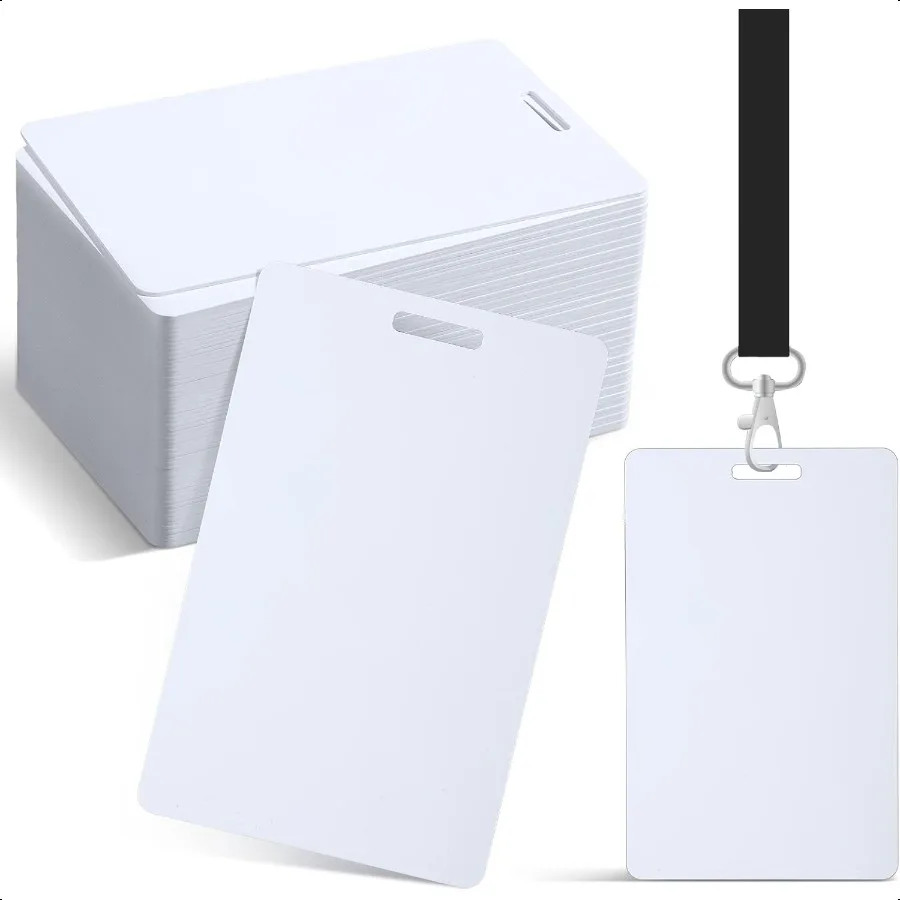 

100 Pcs White CR80 PVC Cards with Slot Punch on Short Side Vertical Slot Punch Card Blank Plastic Photo ID PVC for Busin Office
