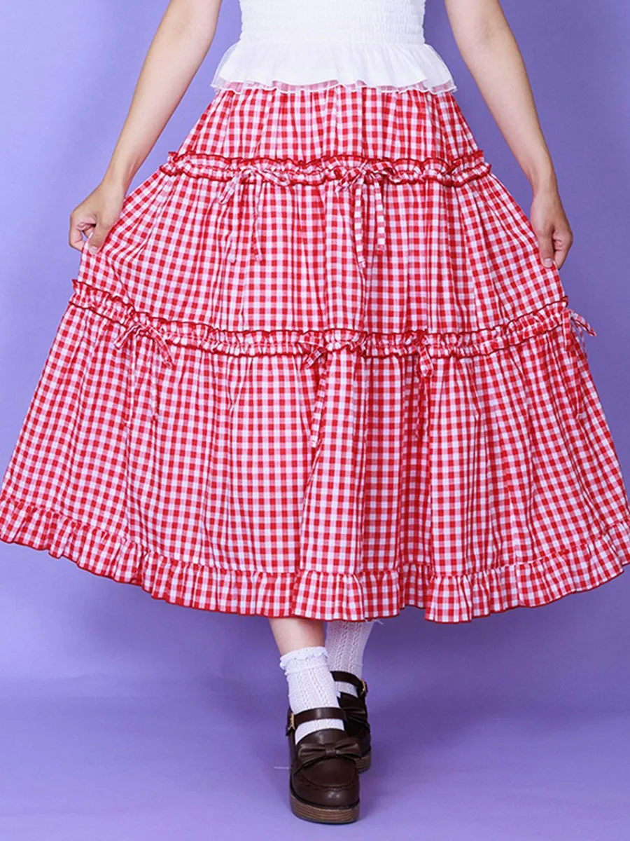 Słodka japońska spódnica w kratę z kokardą i wzorem ciasta, spódnica midi w kształcie litery A z średnim stanem dla młodych kobiet, Axes Femme