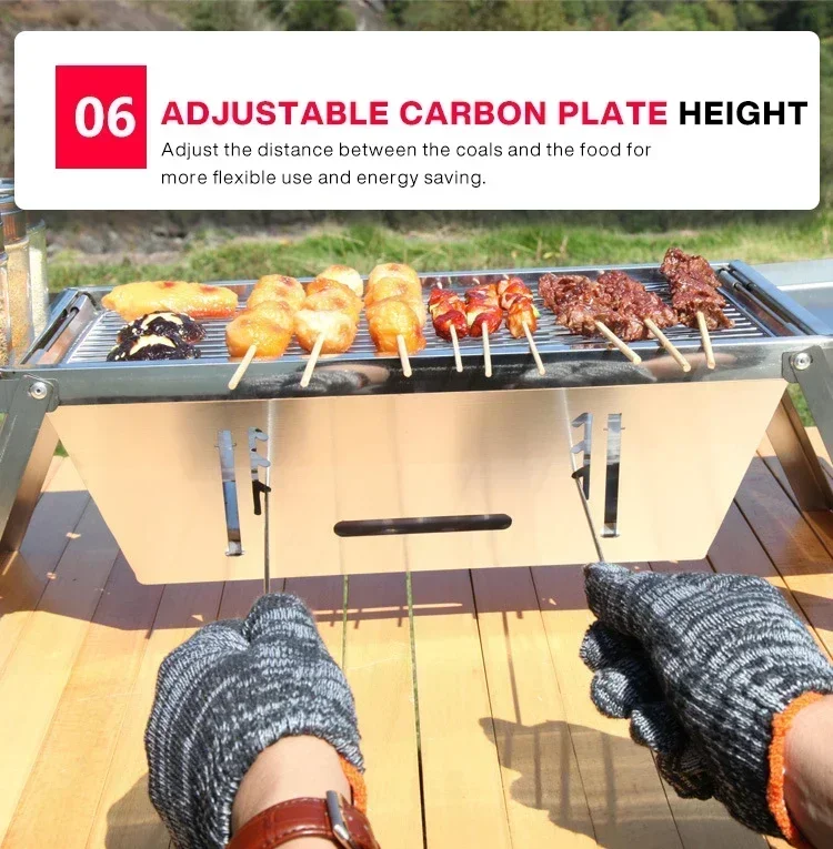 Tragbarer BBQ-Grill aus Edelstahl für den Außenbereich, zusammenklappbarer Holzkohleofen, kompakter Camping-Picknick-Grill, Spießständer, Reisegrill-Set – Detail 5
