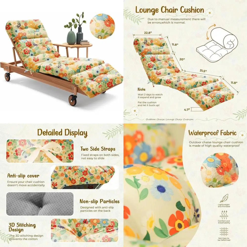 

Водонепроницаемая хлопковая подушка для шезлонга на открытом воздухе, 75,1x22,8x4,7 дюйма, с завязками, узором ромашки