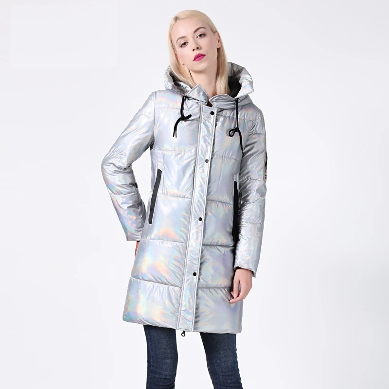 2022 New Winter Jacket Women Silver Holographic Glitter Quilted Long Women\'s Winter Coat Hooded Thick Down Jacket Parka