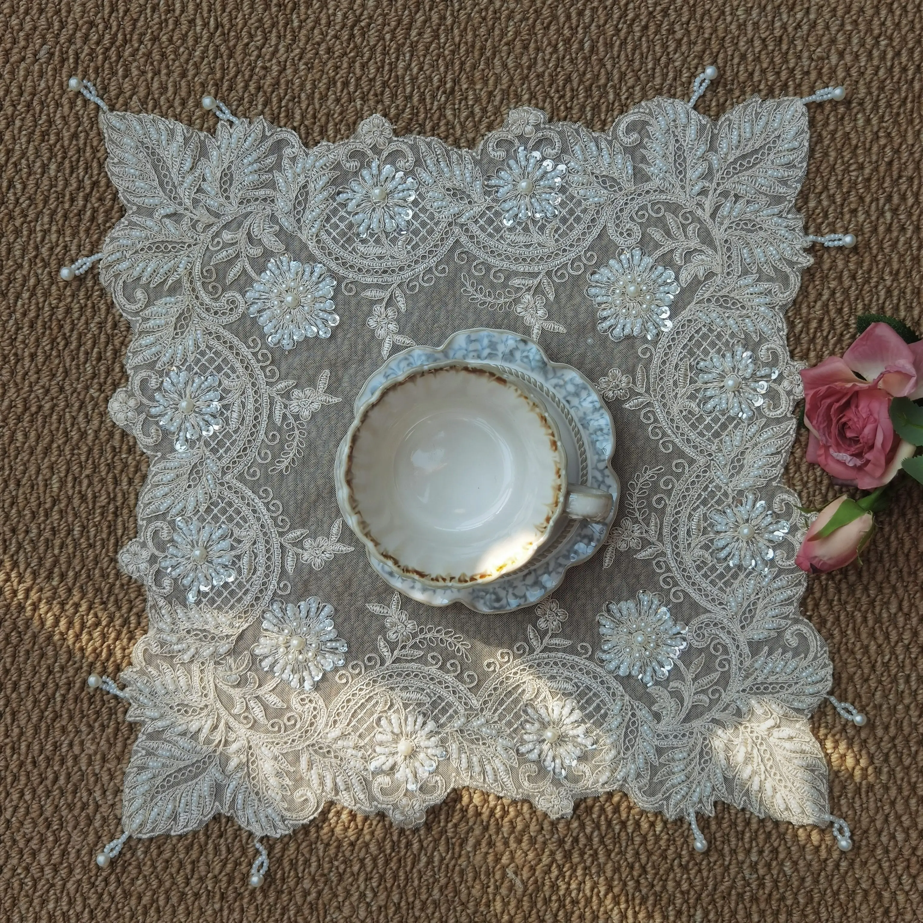 Beige Square Placemat Embroidered Beaded Napkin Dustproof Coaster Bedside Table Decorative Cover Birthday Table Decoration