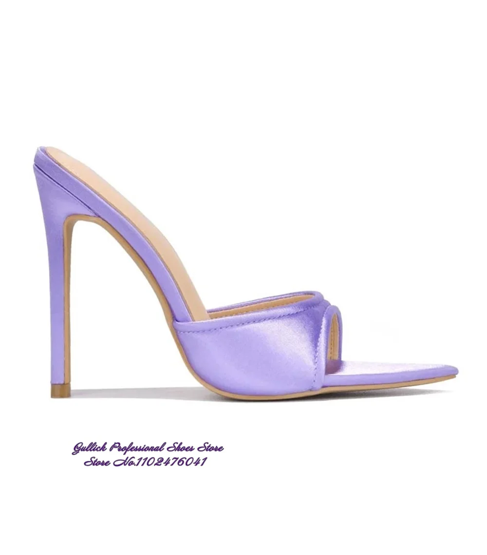 Kobiety liliowe fioletowy satyna ze szpiczastym noskiem pantofle wsuwane letnie klapki jedwabna tkanina eleganckie buty