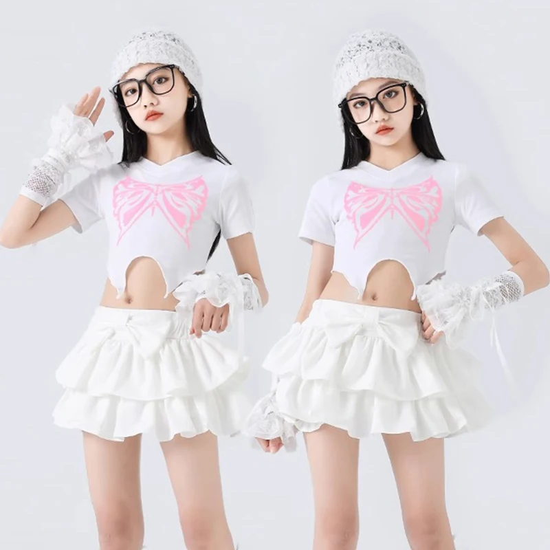 

Children's Day Girls Jazz Dance Clothes Summer Navel Tops White Skirt Cheerleading Performance Costume Kpop Hip Hop Wear BL15793
