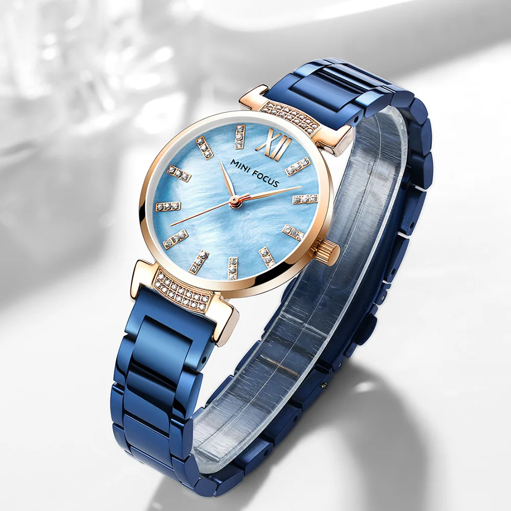MINI FOCUS-reloj de cuarzo para mujer, pulsera de acero inoxidable con diamantes, elegante, a la moda, color azul, 0227