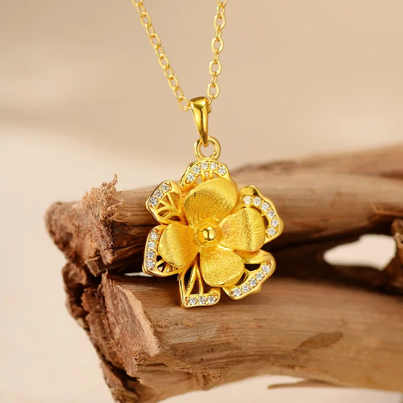 

Luxury 24K 9999 Pure Gold real gold Women's Double-layer Flower Pendant Necklace