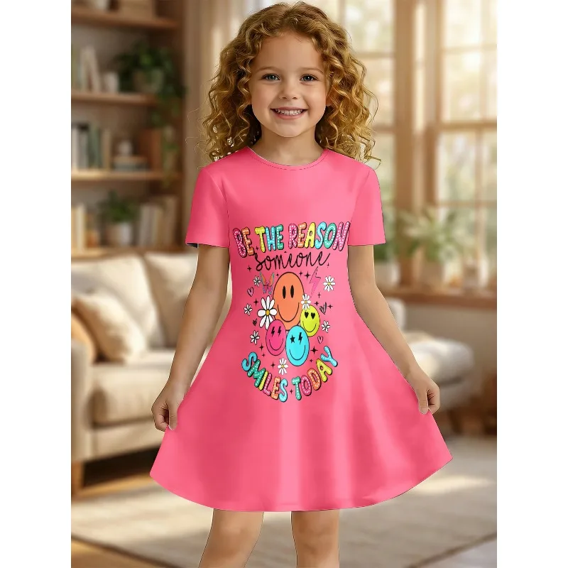 Little Girls Sweet Lovely Bright Soft Cute Trendy Cartoon Print Summer Swing Dress Short Sleeve Kids Daily Outfit