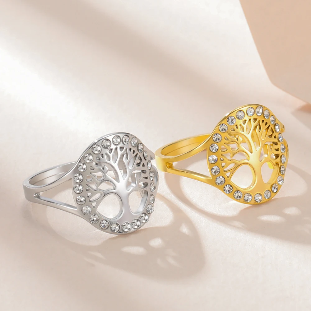 Dawapara Baum des Lebens Damen Ring Klarer Zirkon Verstellbarer Ring Yggdrasil Stammbaum Paar Schmuck Edelstahl Ehering – Detail 11