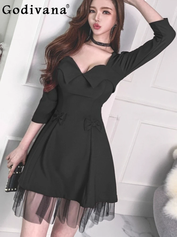 

Large Size Women Street Autumn New Heavy Industry Sexy Black Seven-quarter Sleeve Dress Fashion High Waist Korean Short Dresses