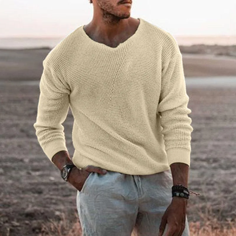 2023 Spring Autumn Fashion  Mens Knit Thin Sweaters Casual V Neck Solid Warm Slim Fit Sweaters Pullover Male