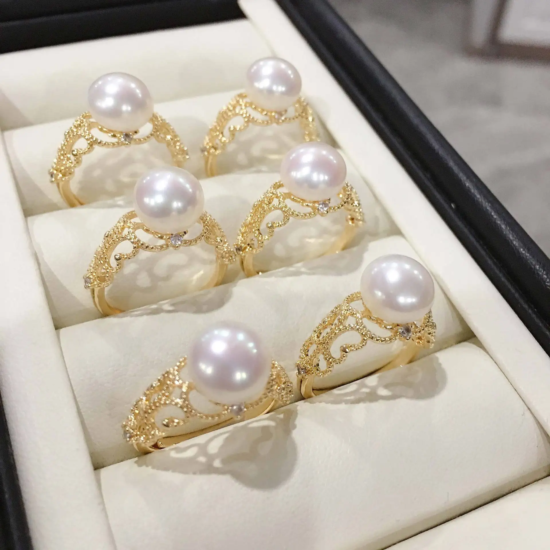 wu-lingzhi Women Natural Pearl Ring 18K Gold Plate Fresh Water Shining Pearl Ring Open Rings Hollow Out Vintage