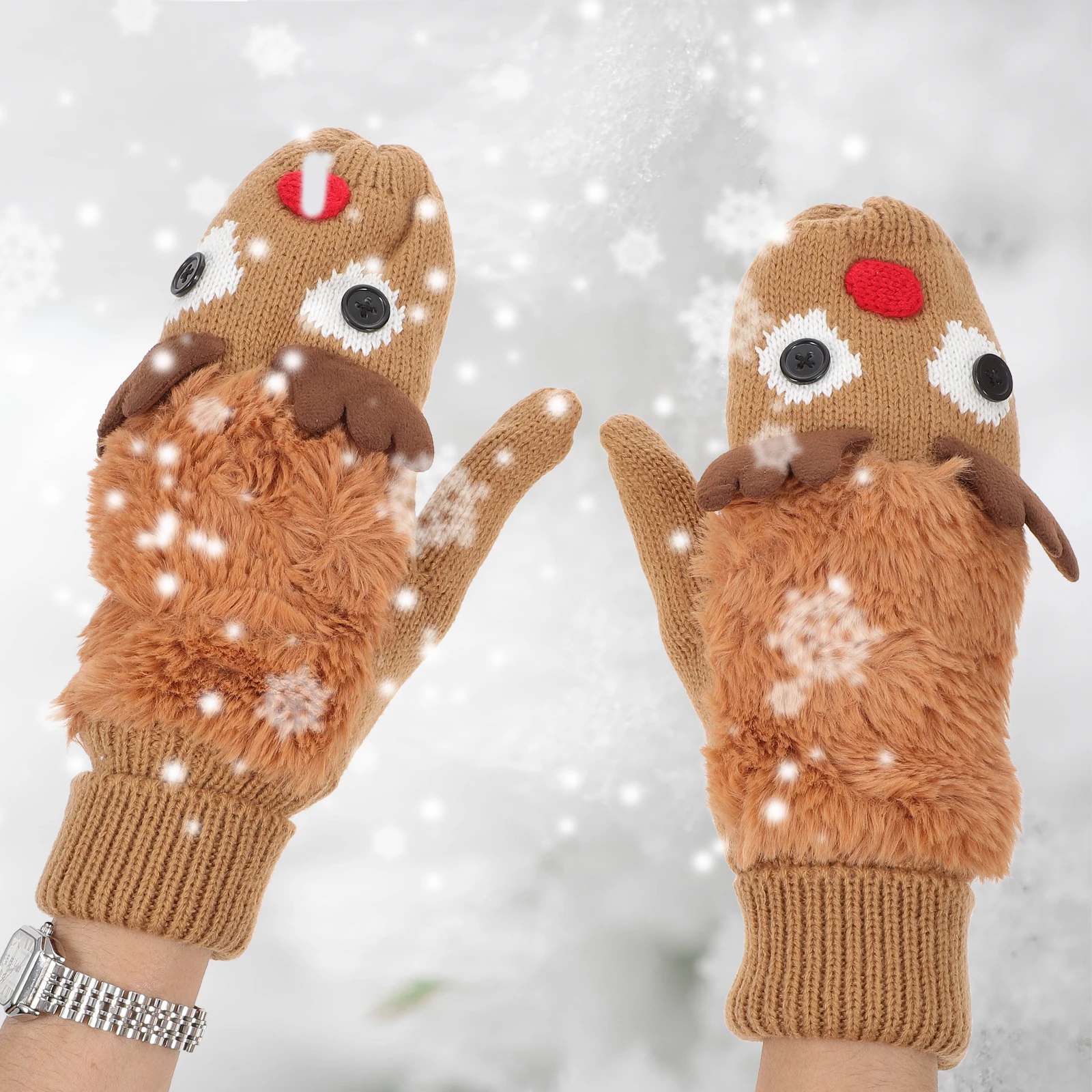 

1 Pair Christmas Deer Winter Knit Full Finger Gloves Warm Stretchy Lightweight Portable Cycling Skiing Driving Fishing Riding