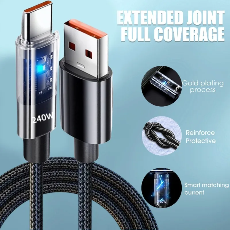 240W Nylon USB Type C Super Fast Charging Cable for Samsung Xiaomi Huawei LED Digital Display USB C Charger Data Cord 1/1.5/2M
