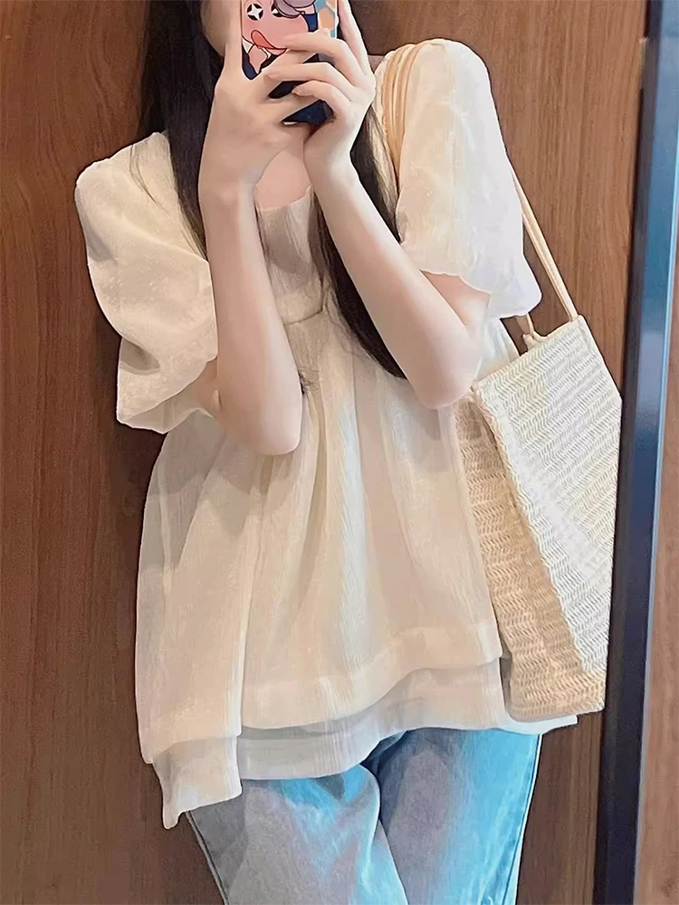 

Stunning Women's Summer Short Sleeve Chiffon Shirt Cover Belly Unique Design Korean Style round Neck Bubble Sleeve Loose Fit Top