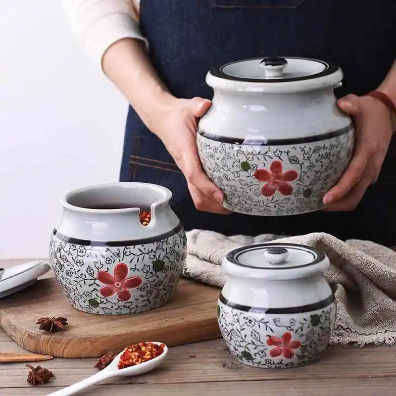 

High Temperature Hand-Painted Ceramic Seasoning Bottle Japanese Style Kitchen Storage Container Oil Color Glaze Flavor