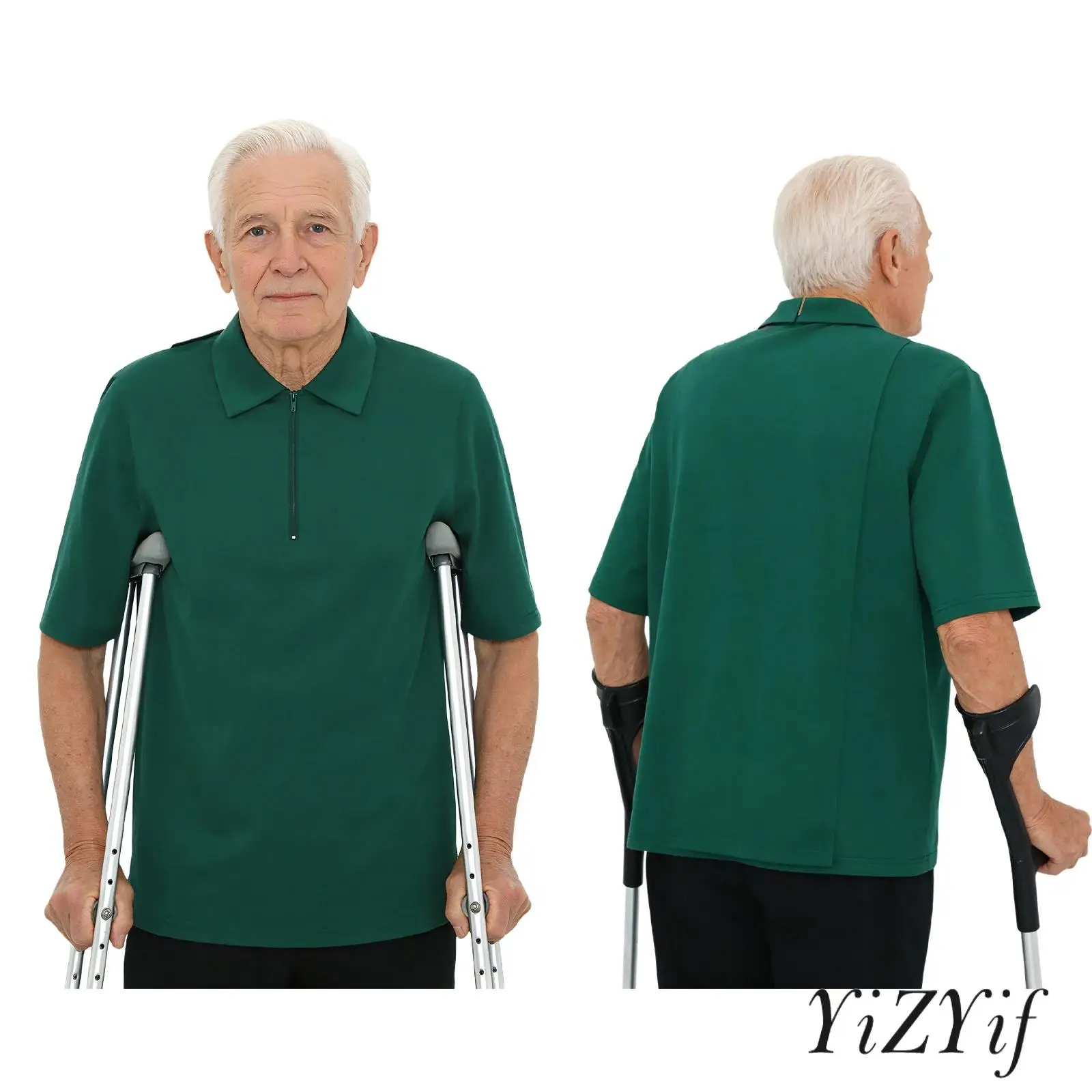 

Alzheimer Care Top for Men Adaptive Open Back Short Sleeve Lapel Zipper Neck with Back Overlap T-shirt for Elderly Special Needs