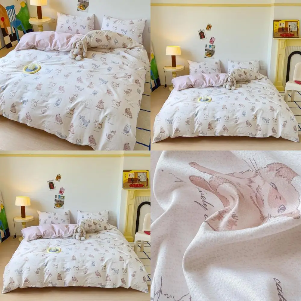 

Queen Size 100% Cotton Cat Themed Duvet Cover Set with 2 Pillowcases - Kawaii Brown & Pink Cats on White for Kids & Adults