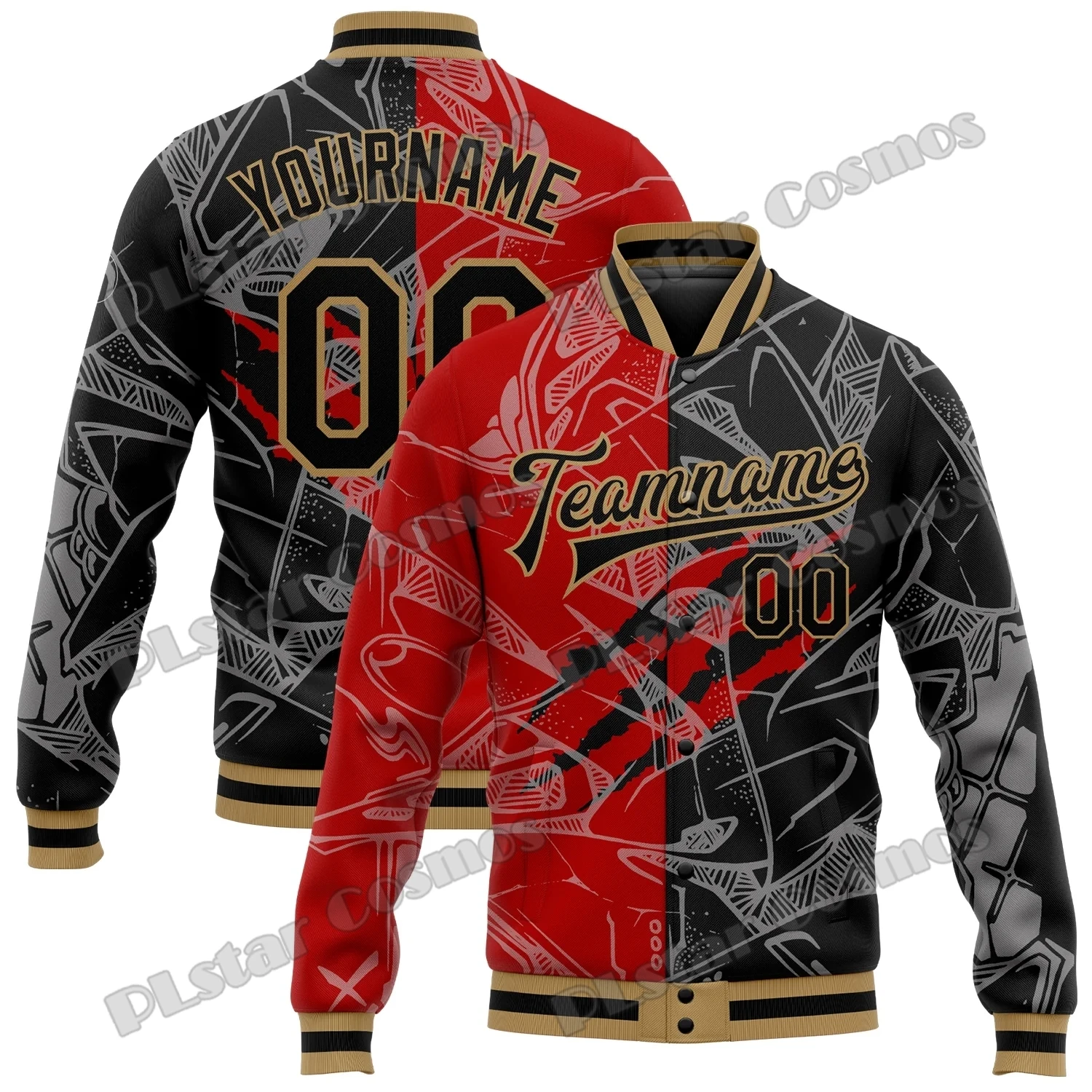 Jaqueta unisex casual varsity, jaqueta masculina varsity, padrão Graffiti personalizado, preto, vermelho, ouro velho, impresso em 3D, Letterman, beisebol, inverno, AK02