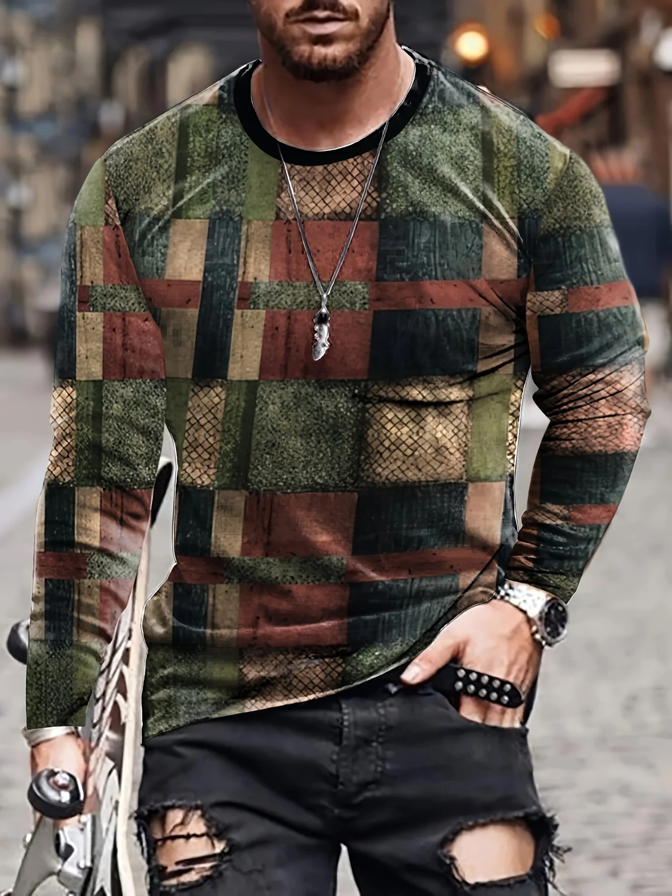 Vintage Men\'s Long Sleeve T-Shirt Patchwork Tees Tops Plaid T-Shirt For Men 3d Striped Printed Clothing Oversized Streetwear 5xl