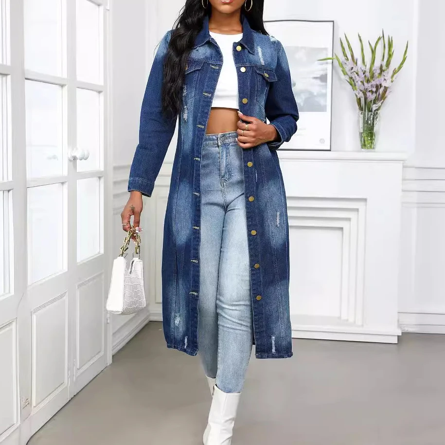 Trench da donna in denim stile buco monopetto al ginocchio stile giacca di jeans con design sfumato rovesciato soprabito blu