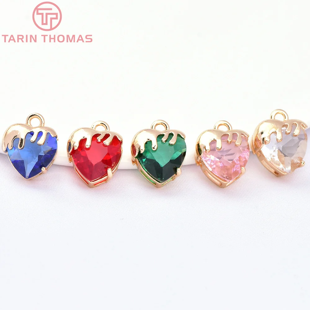 النحاس مع المعلقات القلب الزجاج ، 24K لون الذهب ، 10 قطعة ، 11x13.5 مللي متر ، عالية الجودة ، DIY بها بنفسك صنع المجوهرات ، اكسسوارات النتائج ، 7605