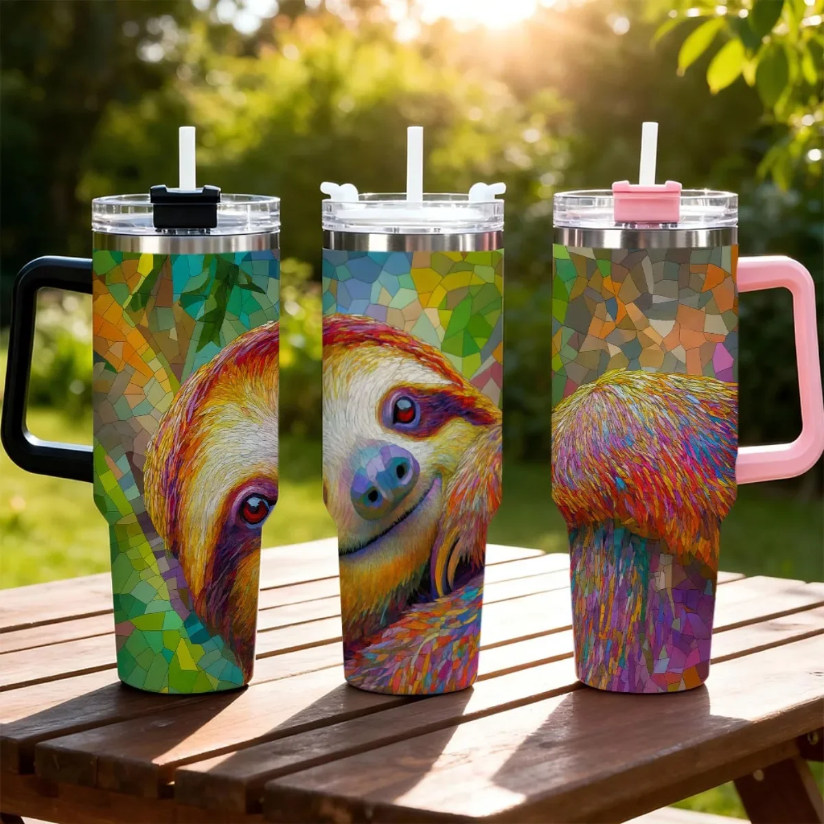40oz Tumbler with Handle Stained Glass Style Colorful Sloth Print Insulated Cup, Other colors sold out, random black or white shipment for other color orders