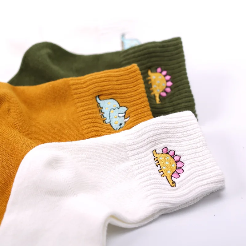 Cute Women Embroidery Dinosaur Socks white Lovely Cartoon Animal Vintage Short Socks Novelty Crazy Funny Cozy Sock Funky image 6