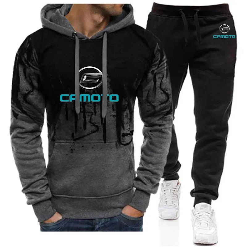 

2024 New Cfmoto Spring and Autumn High Quality Gradient Color Print Sweater Hooded Tops + Pants Two Piece Tracksuit Casual Sets