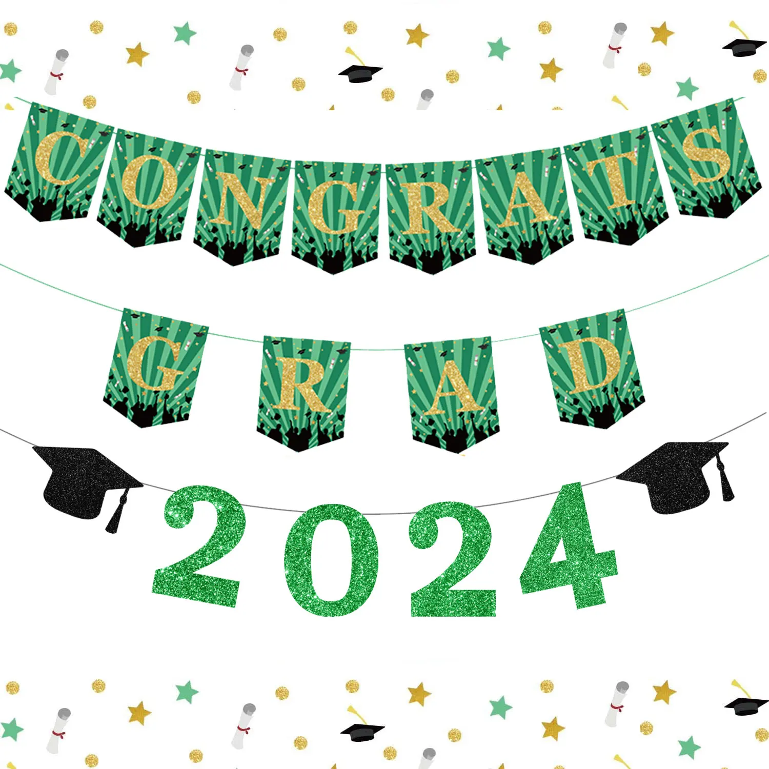 

Green 2024 Graduation Theme Banner Set Glitter Congratulations Congrats Grad Banner for Graduation Party Class of 2024