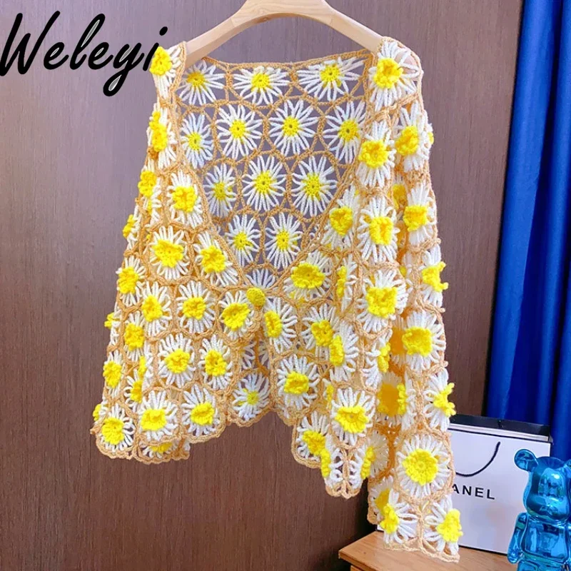 

Handmade Hollowed Crochet Flower Small Daisy Knitted Cardigan Sweet Women's Spring and Autumn Short One-button Knitwear Outwear