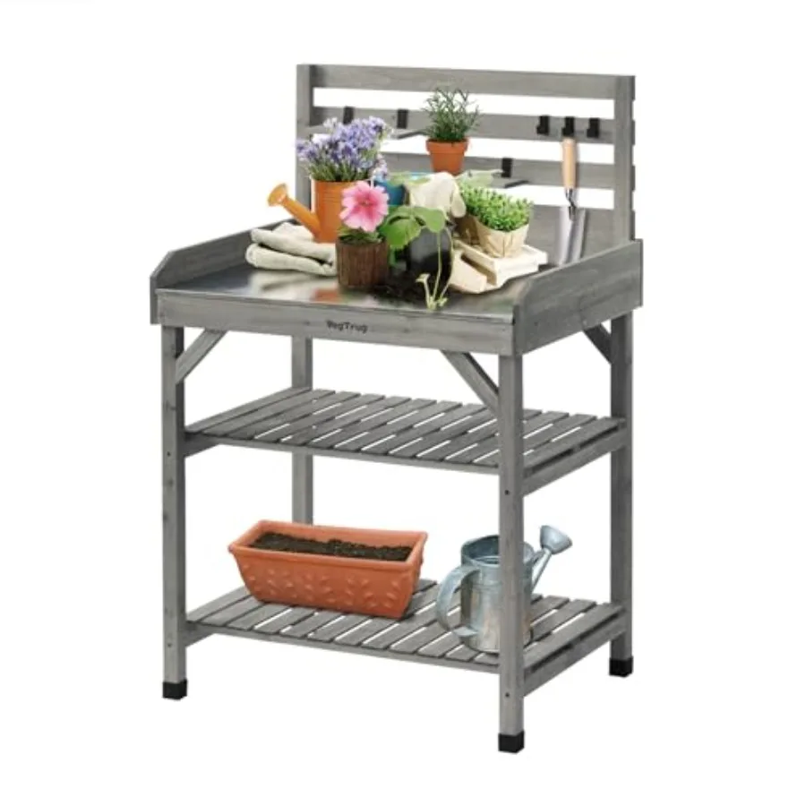 Cedar Potting Table, Grey Wash - Outdoor Workstation with Galvanized Metal Top, Storage Shelves and Hooks for Gardening, Repott