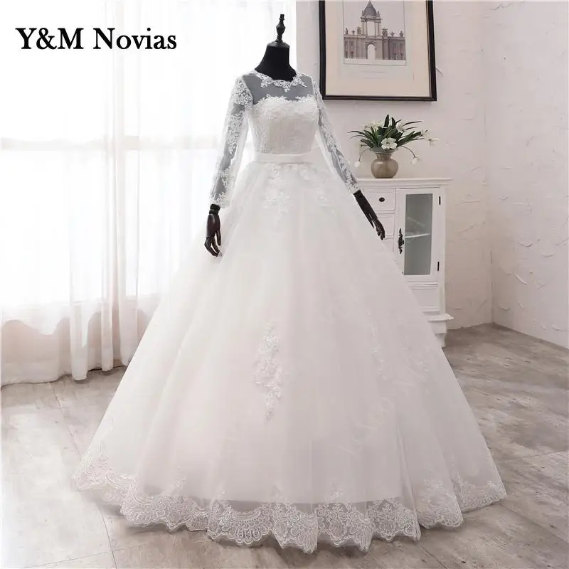 Винтажное свадебное платье Y & M Novias с круглым вырезом, цвет слоновой кости, с длинным рукавом, бальное платье для невесты, фото реального товара