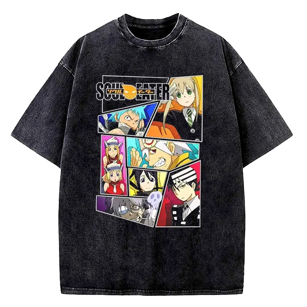 Soul Eater cotton Vintage Washed tshirt men anime 2000s Punk Pop Culture Pastel t shirt harajuku Breathable University hip hop