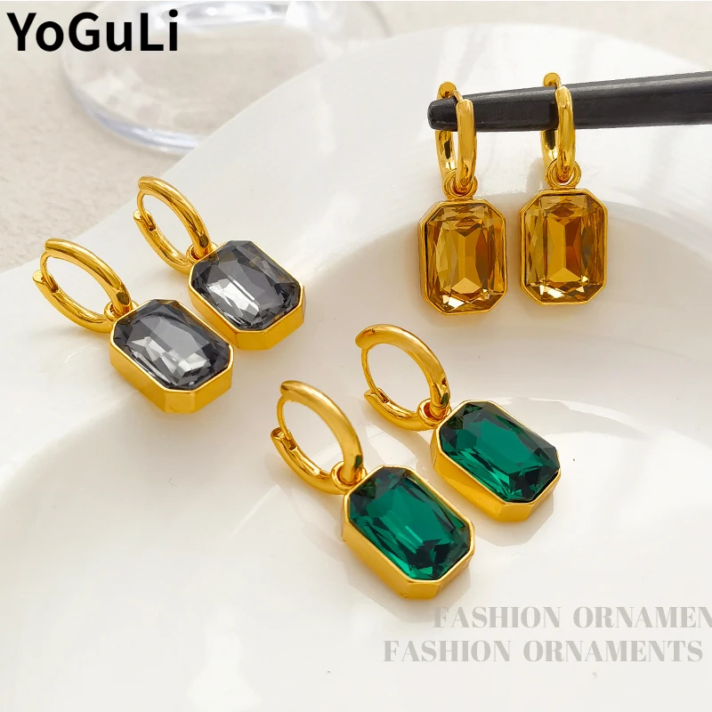 Fashion Jewelry Stainless Steel High Quality Glass Earrings Vingtage Gold Color Square Drop Earring For Women 2022  Gift